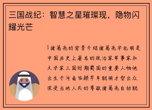 三国战纪：智慧之星璀璨现，隐物闪耀光芒